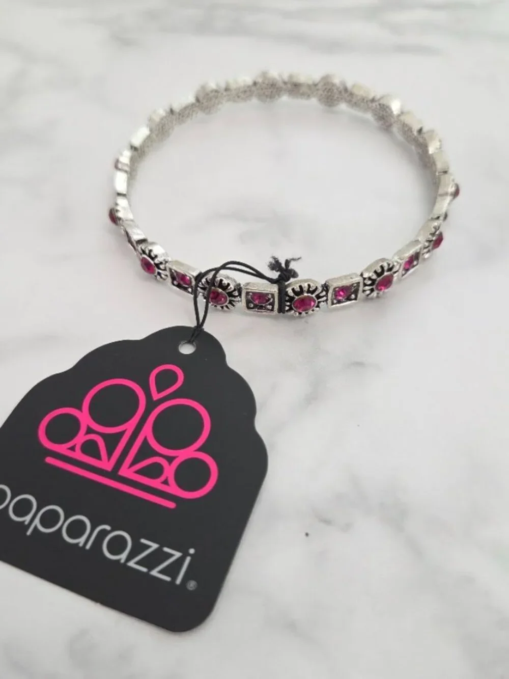 Paparazzi Pink Rhinestone Silver Bangle Bracelet NWT - Picture 3 of 7